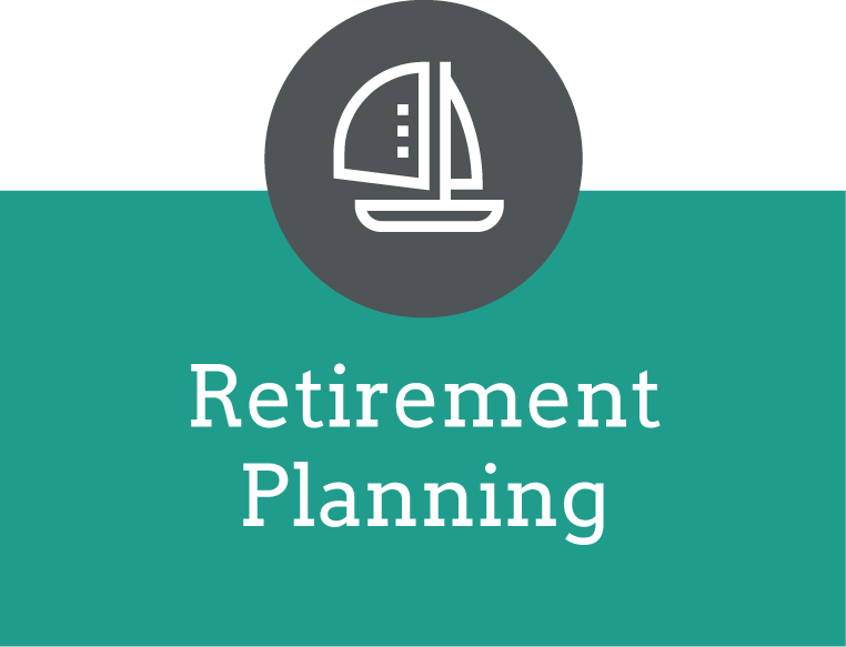 Retirement Planning text with an icon of a sailboat, set in a dark gray circle, with the text below on a teal background.