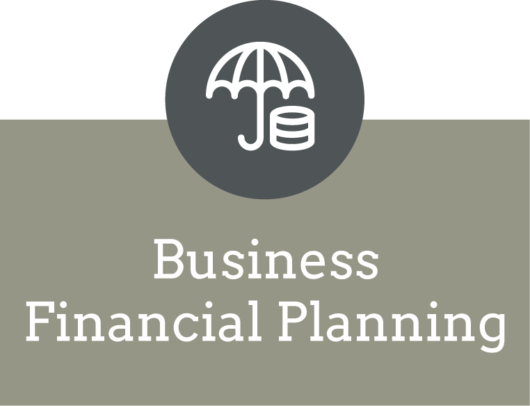 Business Financial Planning text with an icon of an umbrella covering a stack of coins. The icon is set in a dark gray circle, with the text below on a gray background.