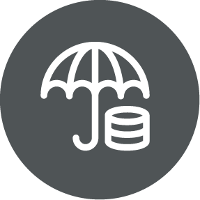 Icon of an umbrella covering a stack of coins, set in a dark gray circle.