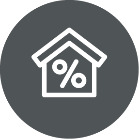 Icon of a house with a percentage symbol inside, set in a dark gray circle.